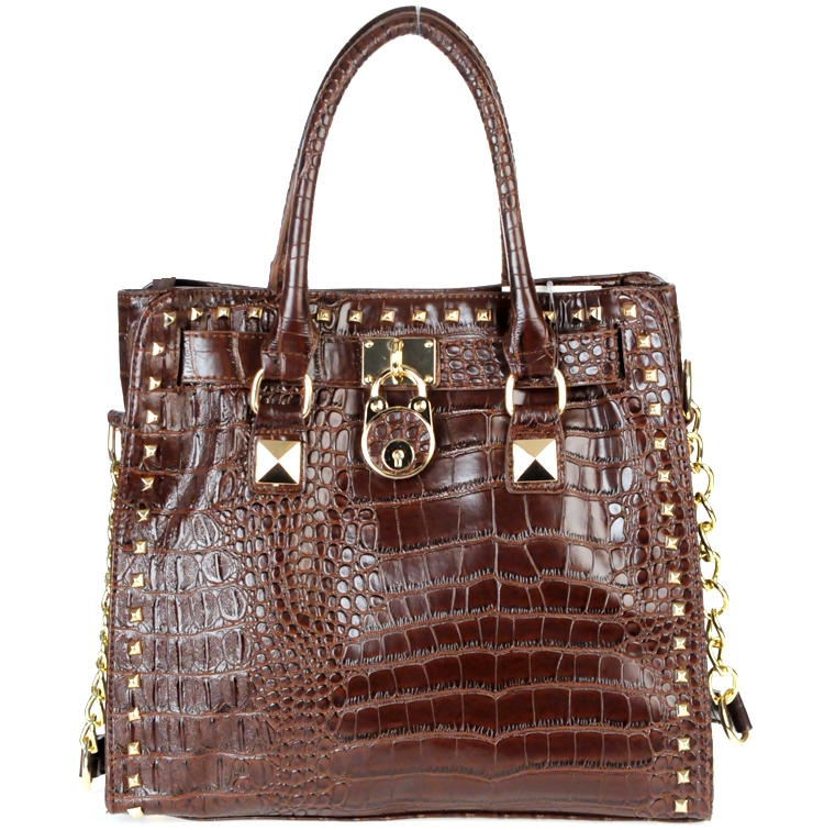 Designer Inspired Faux Croc Leather Handbag w/ Locket Accent & Stud